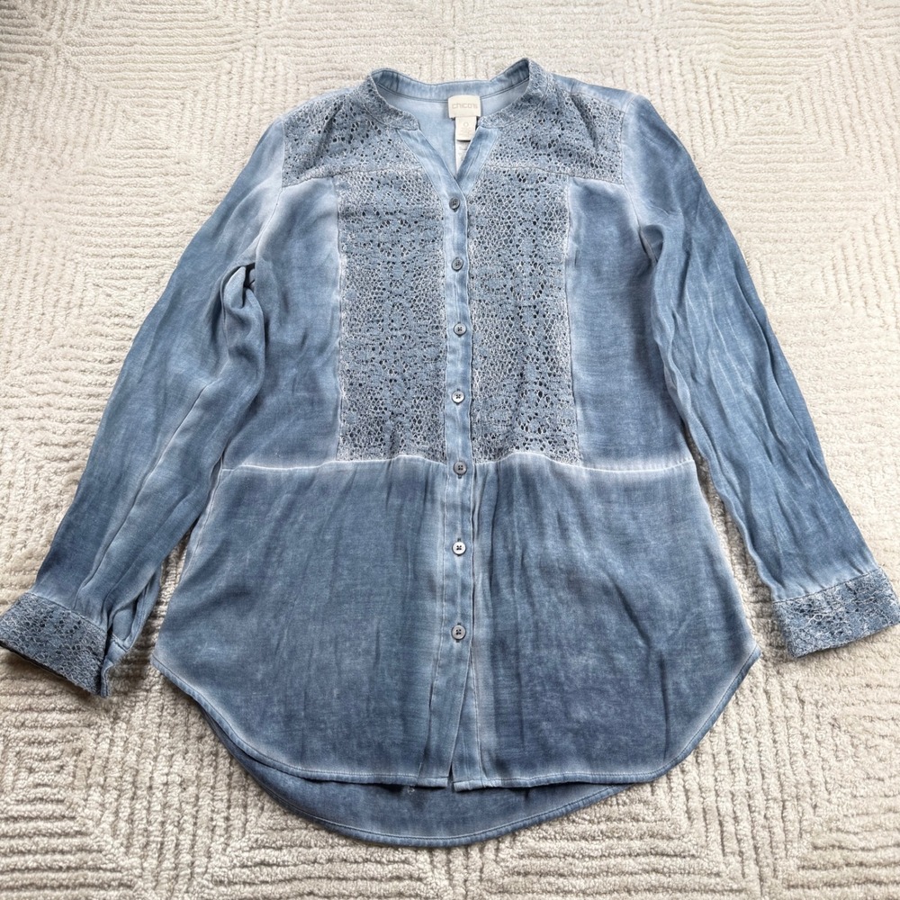 Chicos Lace Trim Acid Wash Tunic Top Womens 0 Small Blue Boho Cottagecore Shabby